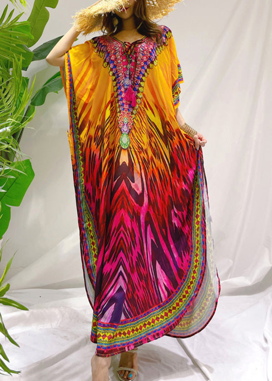Gradient Color O-Neck Print Sequins Maxi Holiday Dress Batwing Sleeve