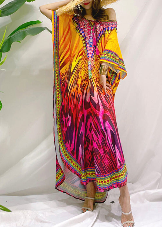 Gradient Color O-Neck Print Sequins Maxi Holiday Dress Batwing Sleeve