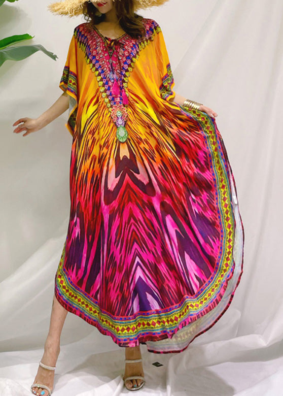 Gradient Color O-Neck Print Sequins Maxi Holiday Dress Batwing Sleeve