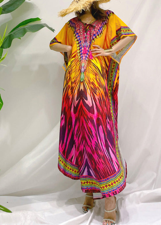 Gradient Color O-Neck Print Sequins Maxi Holiday Dress Batwing Sleeve