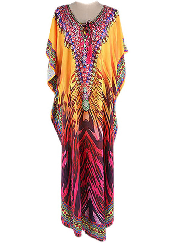 Gradient Color O-Neck Print Sequins Maxi Holiday Dress Batwing Sleeve