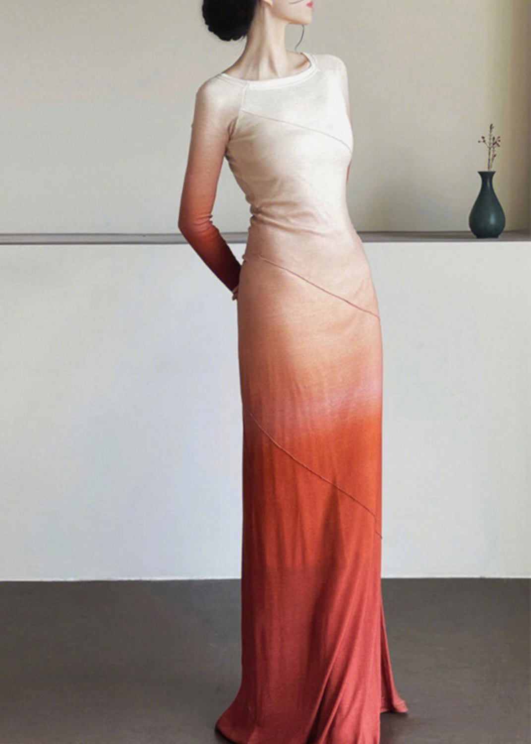 Gradient Color Orange O-Neck Slim Maxi Dresses Long Sleeve