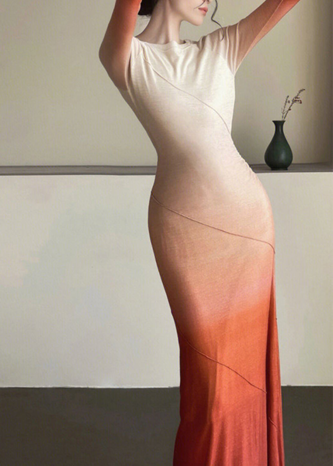 Gradient Color Orange O-Neck Slim Maxi Dresses Long Sleeve
