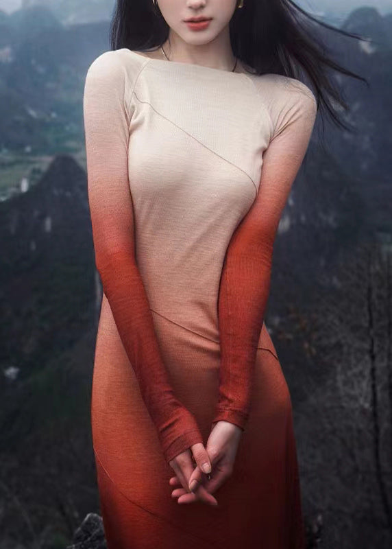 Gradient Color Orange O-Neck Slim Maxi Dresses Long Sleeve
