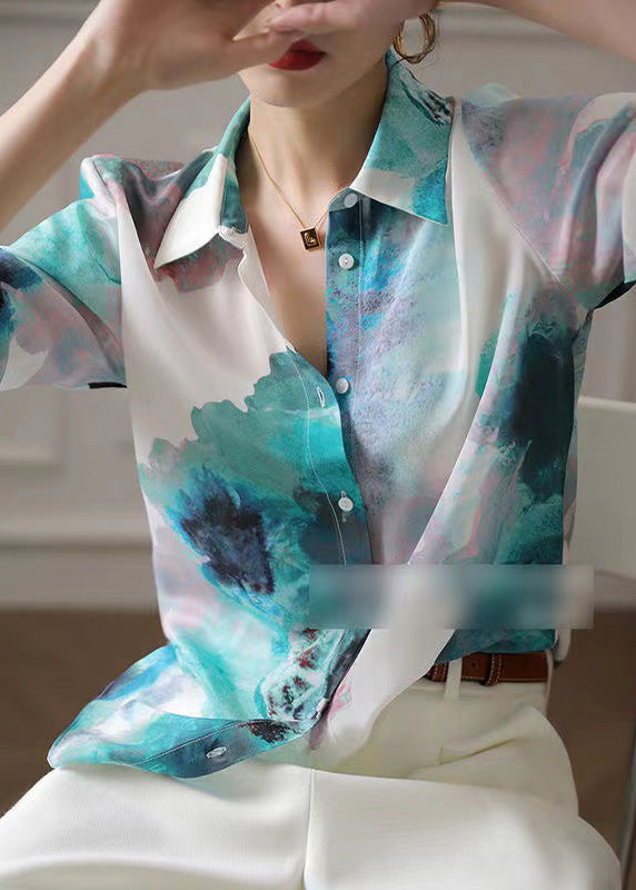 Gradient Color Peter Pan Collar Print Button Satin Shirt Long Sleeve