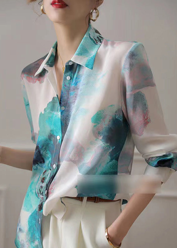 Gradient Color Peter Pan Collar Print Button Satin Shirt Long Sleeve