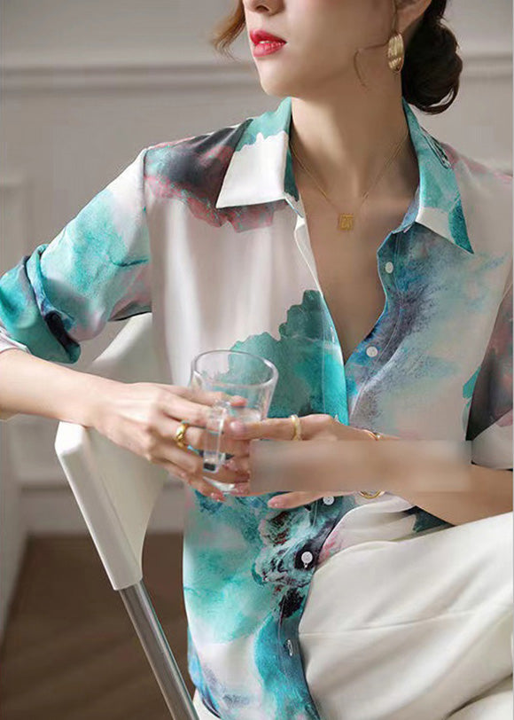 Gradient Color Peter Pan Collar Print Button Satin Shirt Long Sleeve