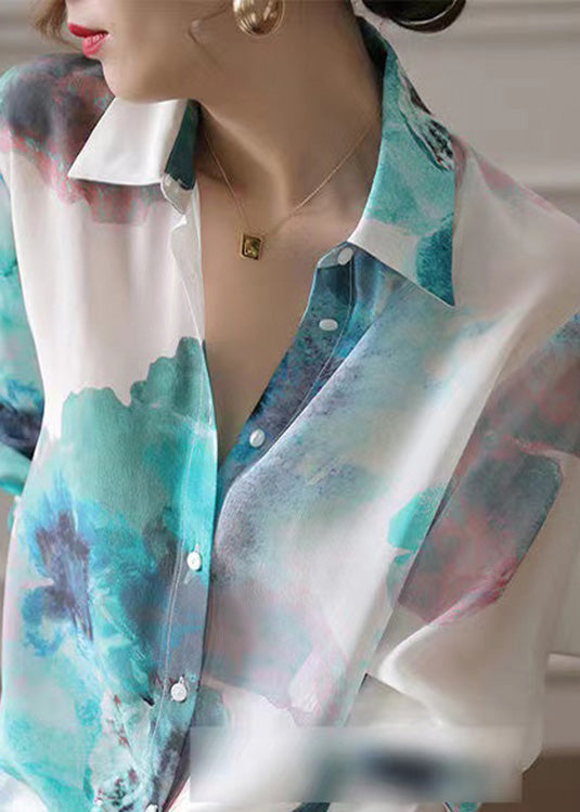 Gradient Color Peter Pan Collar Print Button Satin Shirt Long Sleeve