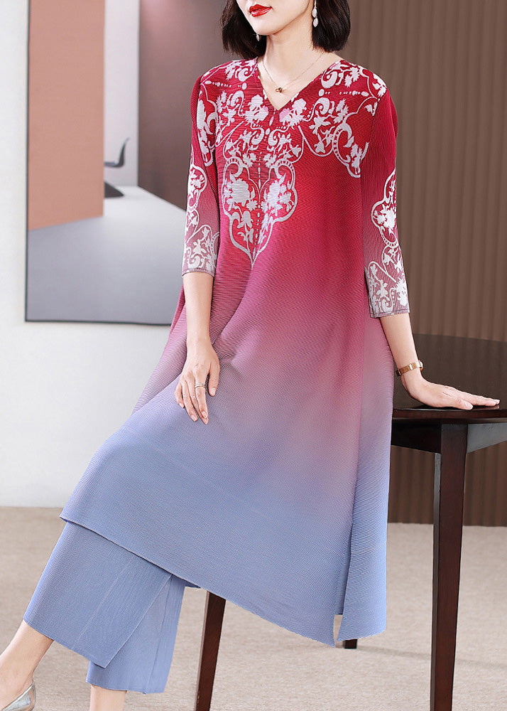 Gradient Color Rose V Neck Print Long Dress And Wide Leg Pants Two Pieces Set Spring