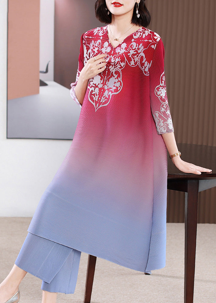 Gradient Color Rose V Neck Print Long Dress And Wide Leg Pants Two Pieces Set Spring