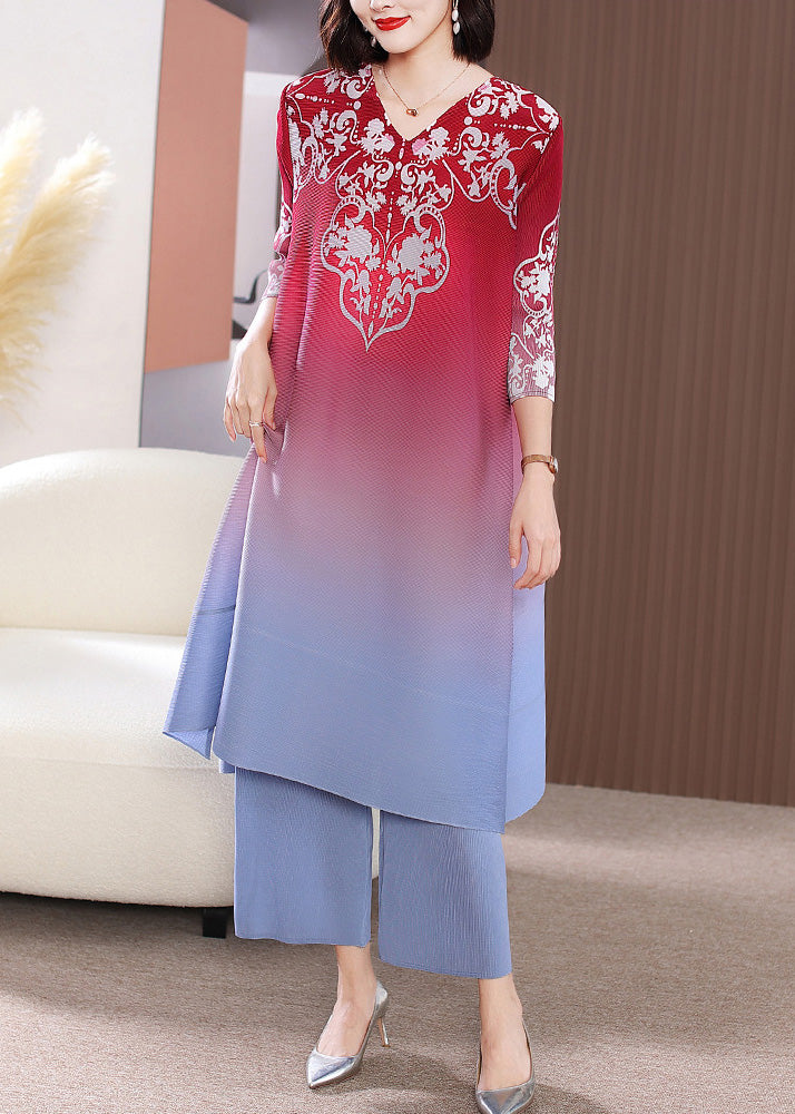 Gradient Color Rose V Neck Print Long Dress And Wide Leg Pants Two Pieces Set Spring