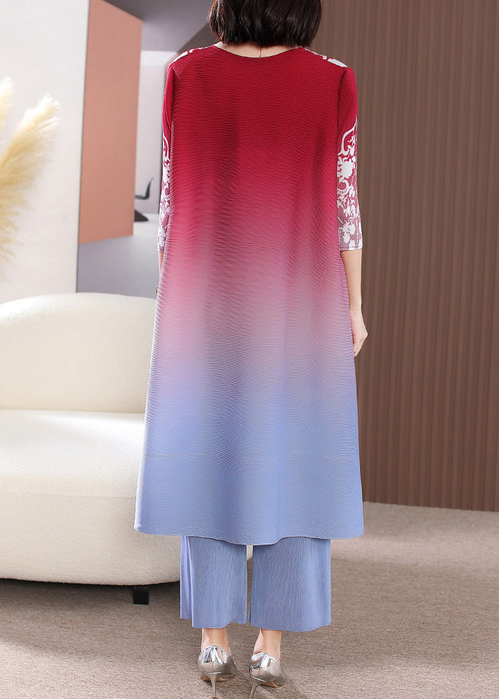 Gradient Color Rose V Neck Print Long Dress And Wide Leg Pants Two Pieces Set Spring