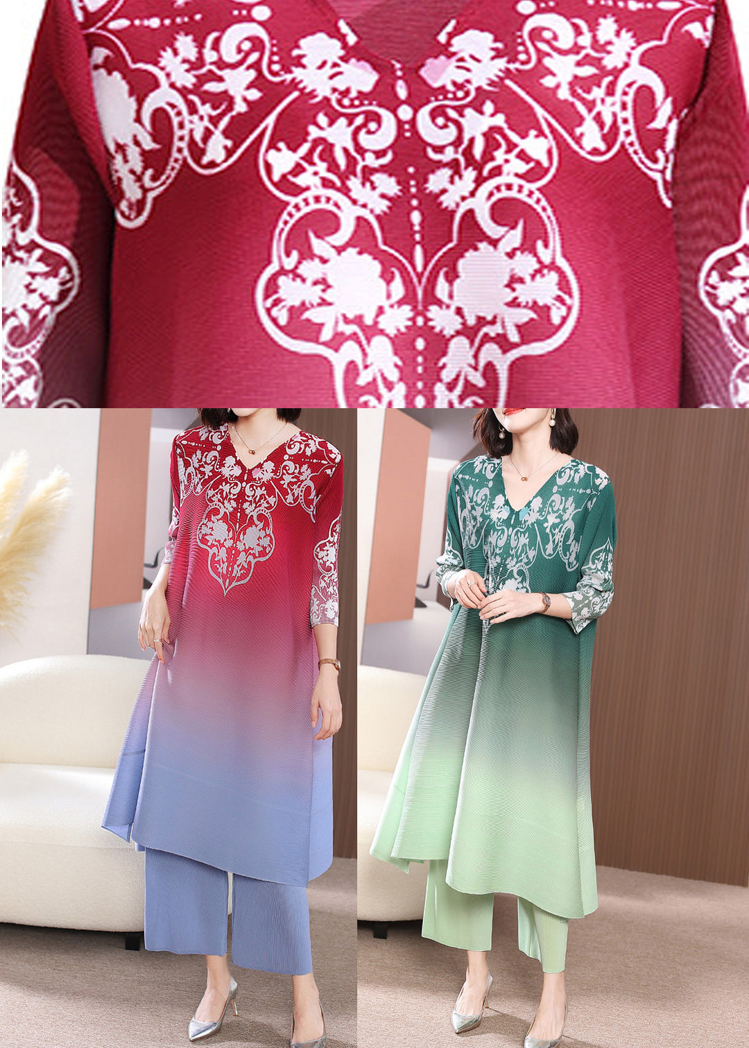 Gradient Color Rose V Neck Print Long Dress And Wide Leg Pants Two Pieces Set Spring