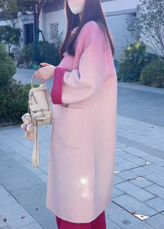 Gradient Color Rose Woolen Coats And Wide Leg Pants Two Pieces Set Fall