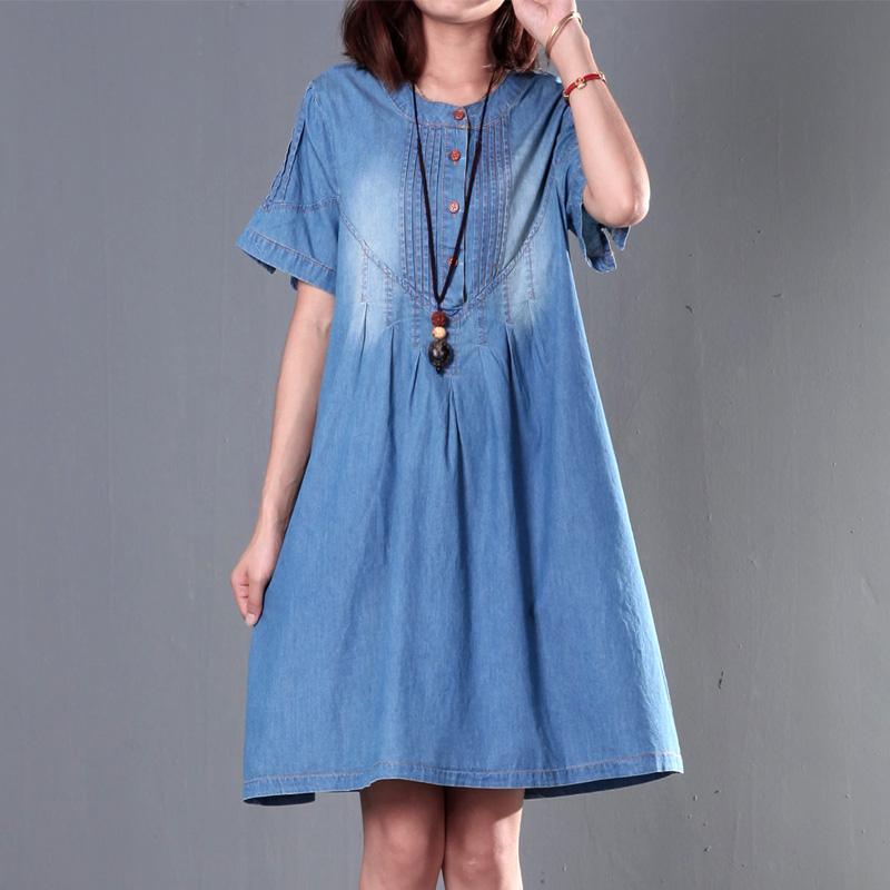 Gradient blue denim sundress short sleeve plus size summer denim dresses - Omychic