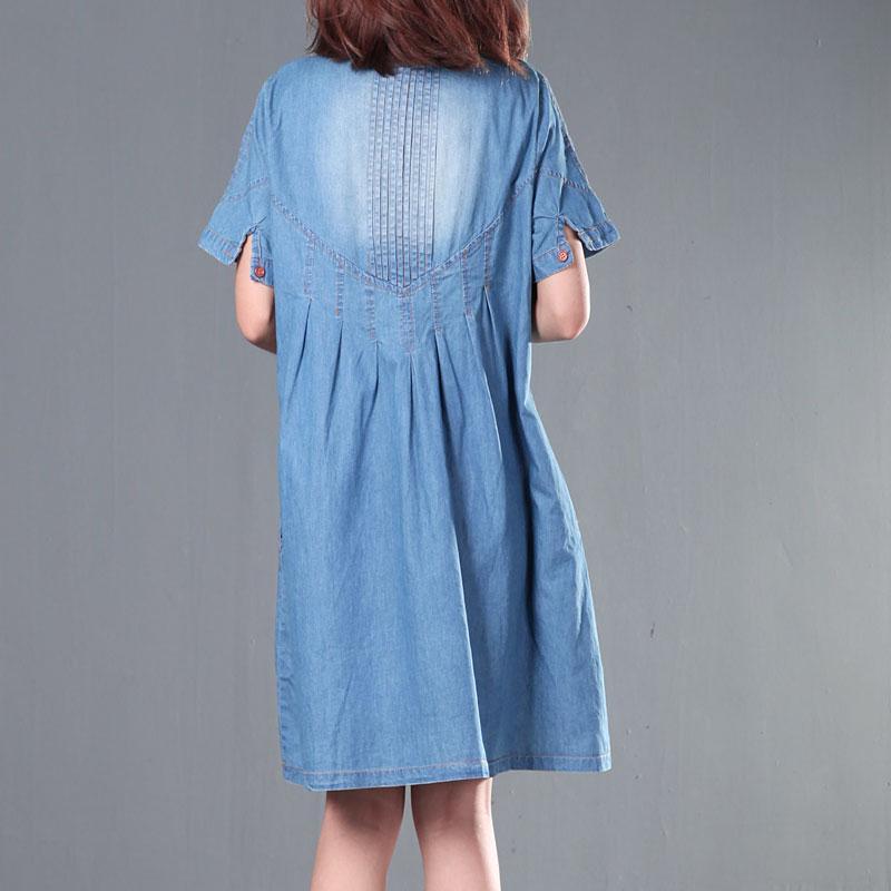 Gradient blue denim sundress short sleeve plus size summer denim dresses - Omychic