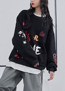 Graffiti sweater women 2020 fall new loose black lazy long-sleeved T-shirt - Omychic