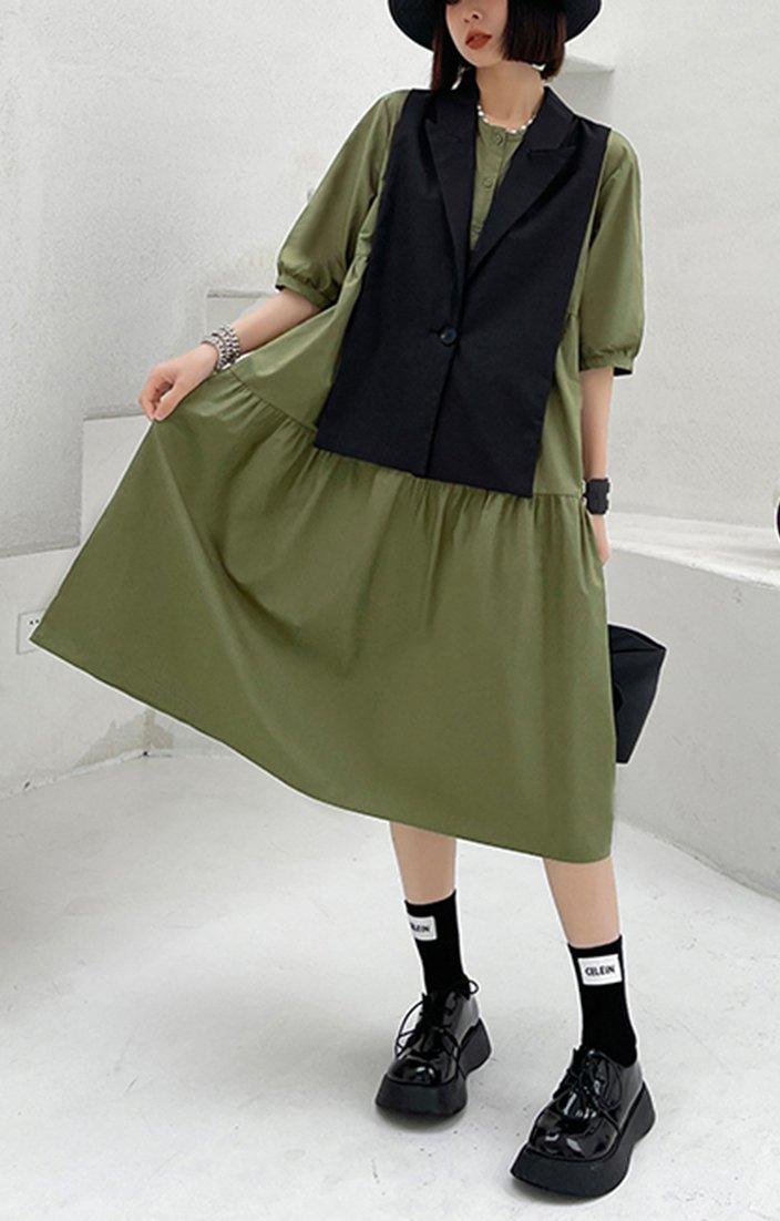 Grass Green Detachable Vest Dress Two Piece Suit - Omychic