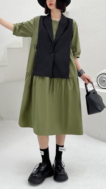 Grass Green Detachable Vest Dress Two Piece Suit - Omychic