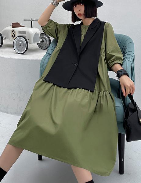 Grass Green Detachable Vest Dress Two Piece Suit - Omychic