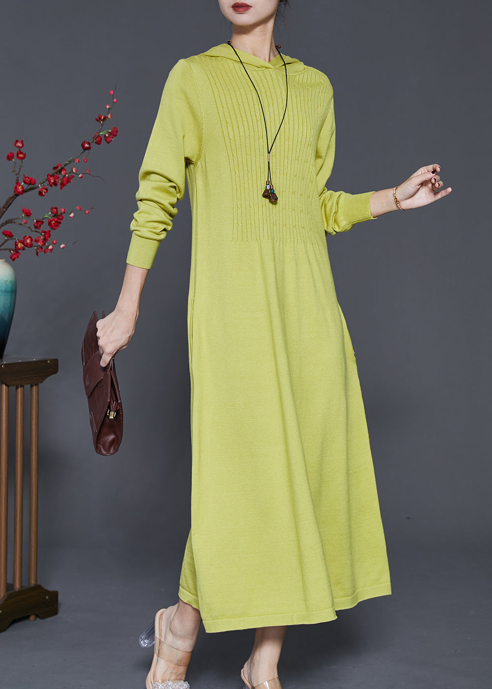 Grass Green Silm Fit Knit Dresses Hooded Spring