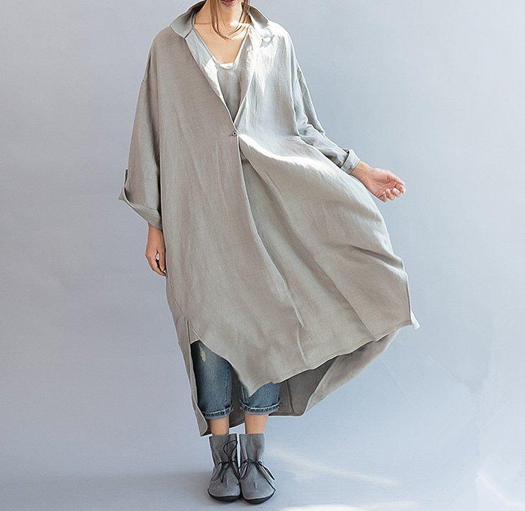 Gray Unique cotton outfit Plus Size Women cotton linen casual loose fitting summer dress - Omychic