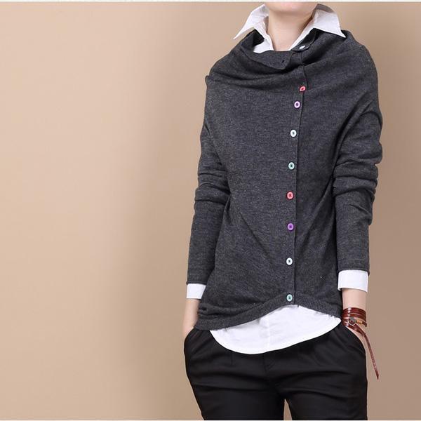 Gray Side buttons sweater woolen top - Omychic