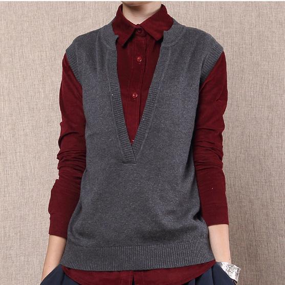 Gray V-neck cotton knitted sweater vest - Omychic