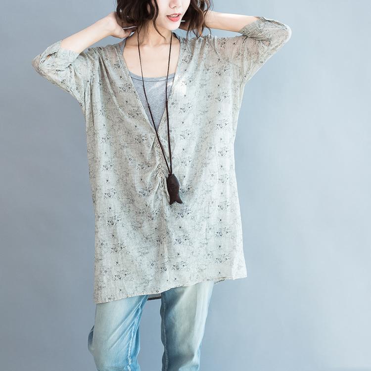 Gray V neck floral dresses plus size cardigans coats long sleeve blouses - Omychic