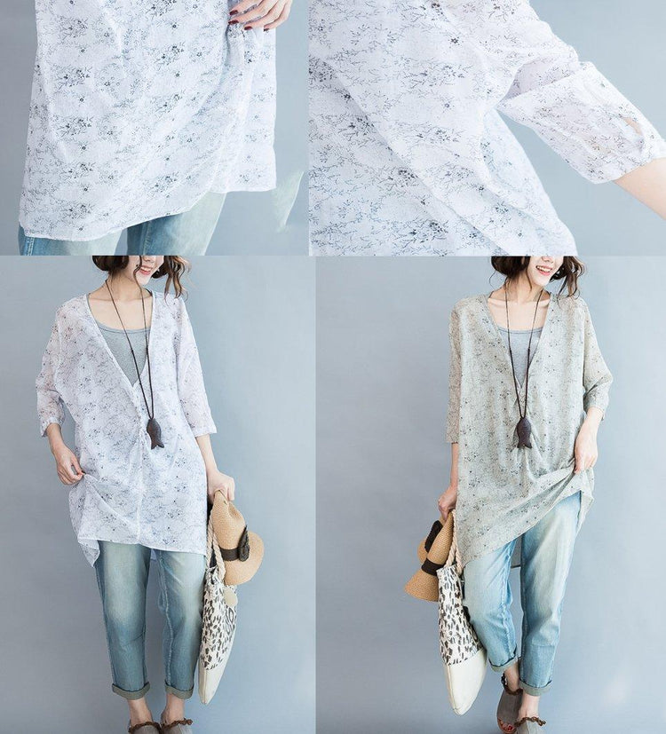Gray V neck floral dresses plus size cardigans coats long sleeve blouses - Omychic