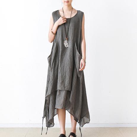 Gray asymmetrical cotton dresses summer maxi dresses sleeveless - Omychic