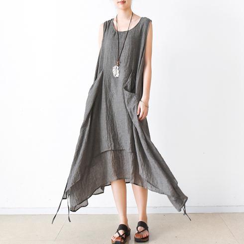 Gray asymmetrical cotton dresses summer maxi dresses sleeveless - Omychic