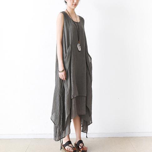 Gray asymmetrical cotton dresses summer maxi dresses sleeveless - Omychic