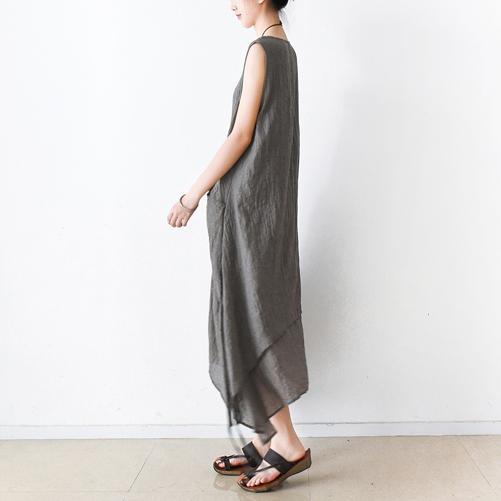 Gray asymmetrical cotton dresses summer maxi dresses sleeveless - Omychic