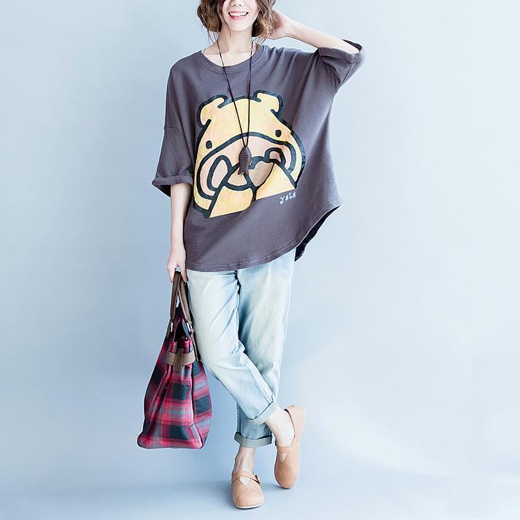 Gray baggy cotton tops the shy hippo print oversize t shirts blouses - Omychic