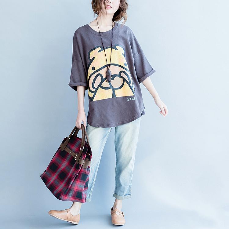 Gray baggy cotton tops the shy hippo print oversize t shirts blouses - Omychic