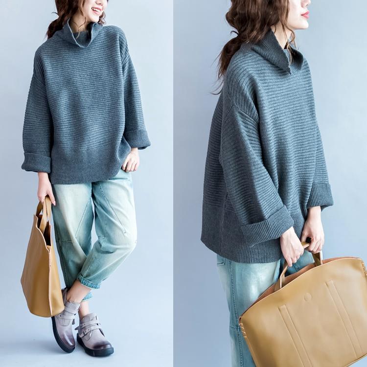 Gray baggy woolen knit sweaters womens short knitted top turtle neck - Omychic