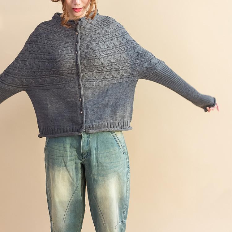 Gray cable knit batwing sweater coat oversized knitwear cotton short knitted tops - Omychic