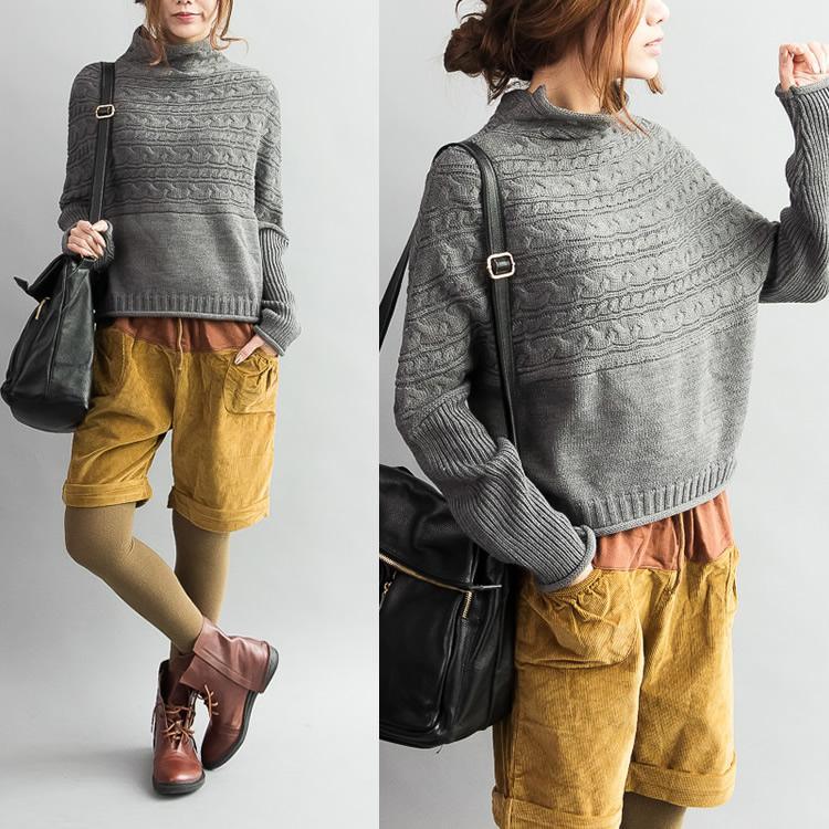 Gray cable knit sweaters woolen long sleeve crop sweaters turtle neck knitwear - Omychic