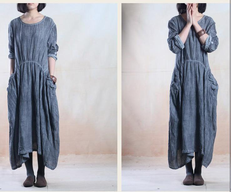Gray casual long linen maxi dress spring dress - Omychic