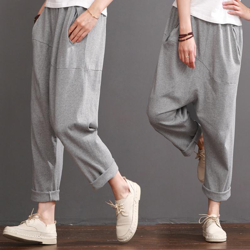 Gray casual pants women cotton crop pants - Omychic