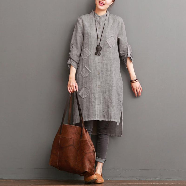 Gray cotton dress for summer pockets patchwork shirt sundress - Omychic