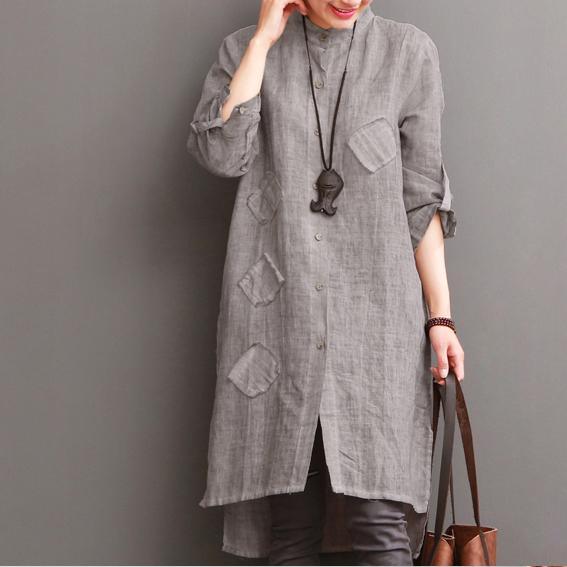 Gray cotton dress for summer pockets patchwork shirt sundress - Omychic