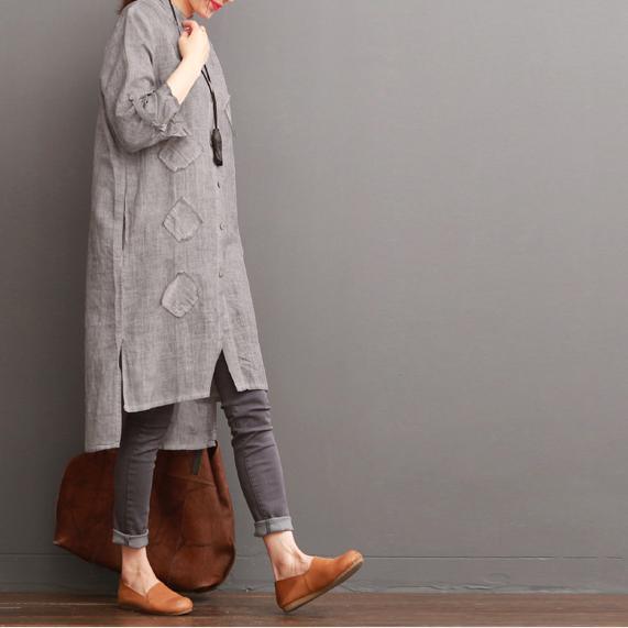 Gray cotton dress for summer pockets patchwork shirt sundress - Omychic