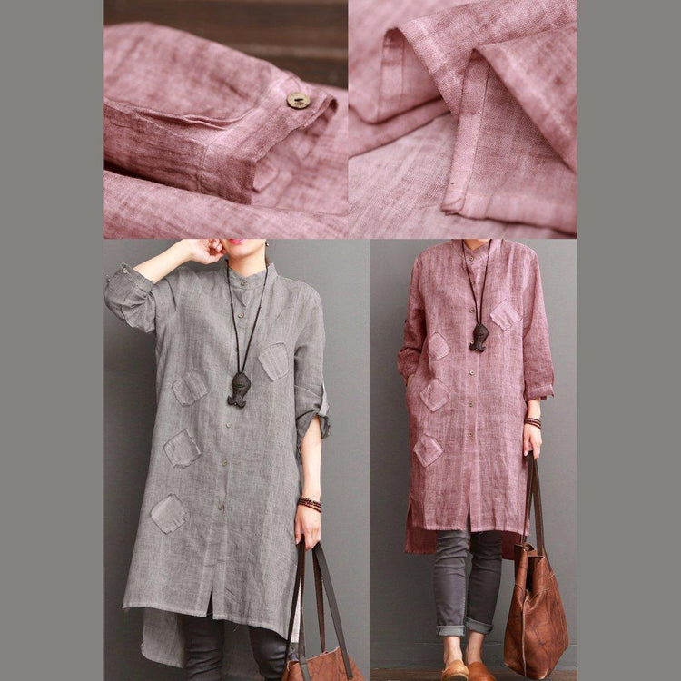 Gray cotton dress for summer pockets patchwork shirt sundress - Omychic