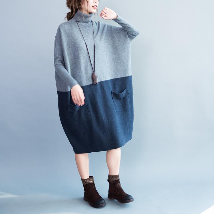 Gray cotton patchwork sweaters baggy kintted sweater dresses - Omychic