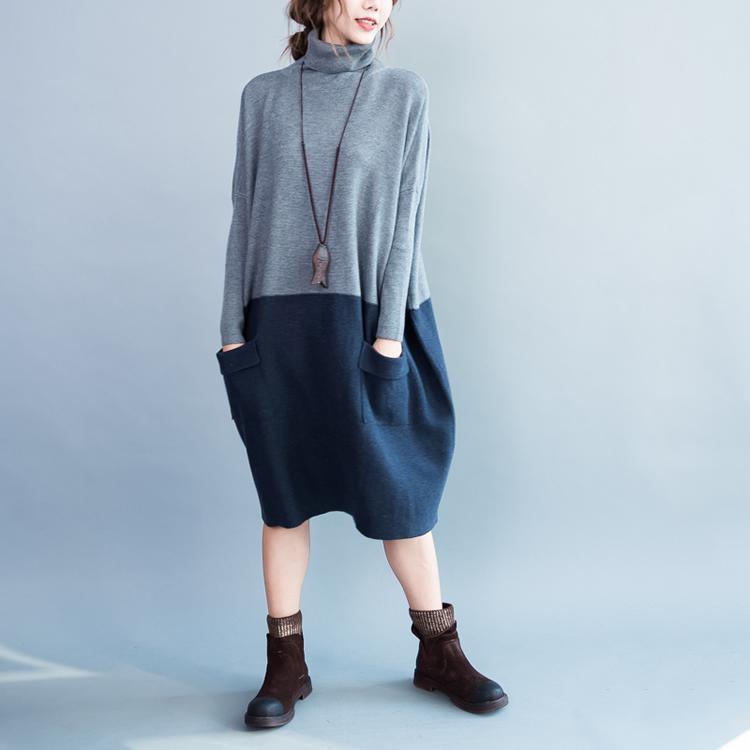 Gray cotton patchwork sweaters baggy kintted sweater dresses - Omychic