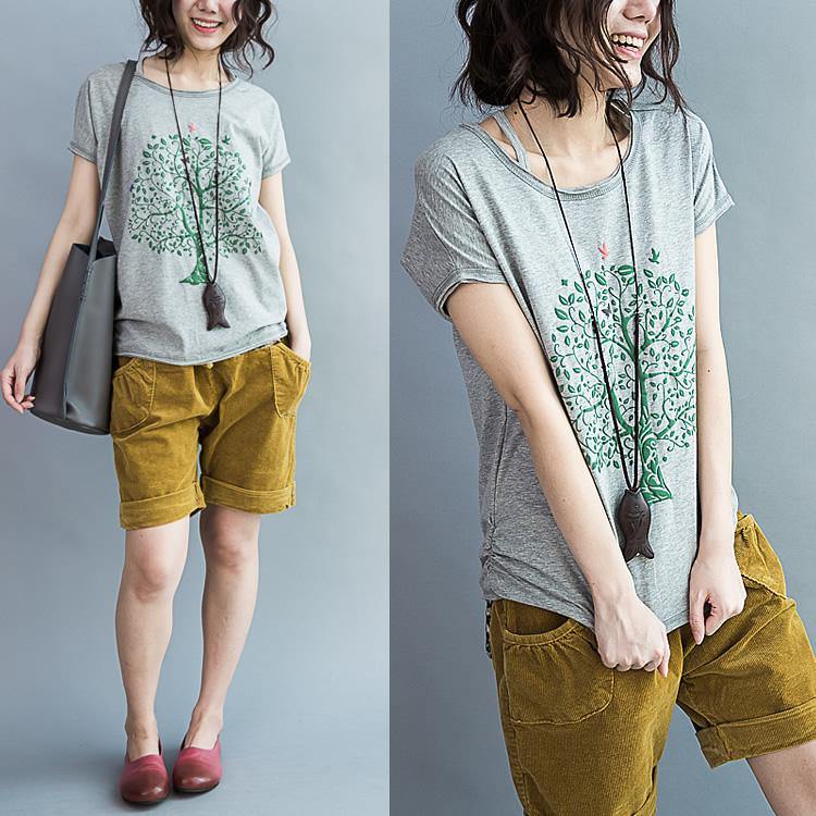 Gray cotton summer t shirts short sleeve blouses tops tree and peace - Omychic