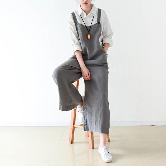 Gray cozy cotton jumpsuit pants plus szie linen pants wide leg - Omychic