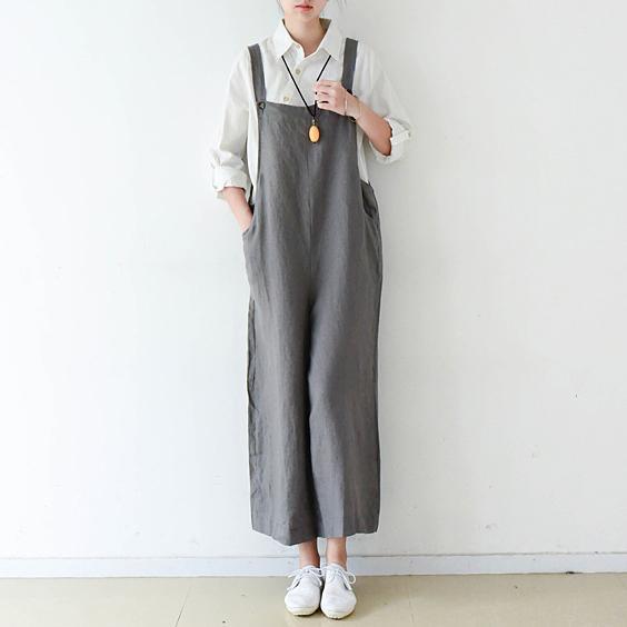 Gray cozy cotton jumpsuit pants plus szie linen pants wide leg - Omychic